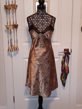 Cheetah print satin slip dress with black satin trim